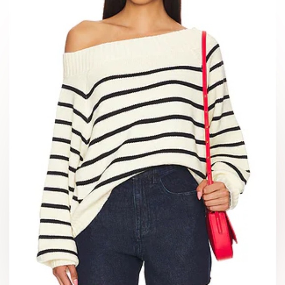 WeWoreWhat Cream and Black Off-Shoulder Sweater
